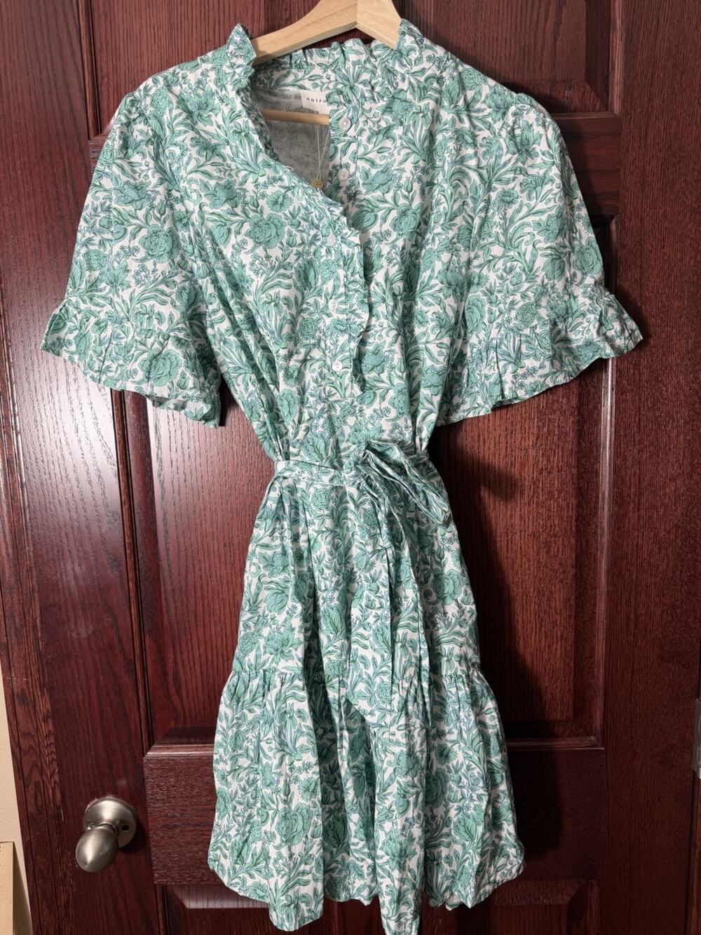 Entro Mini Dress Large NWT Green White Floral Tiered Cottagecore Preppy Feminine